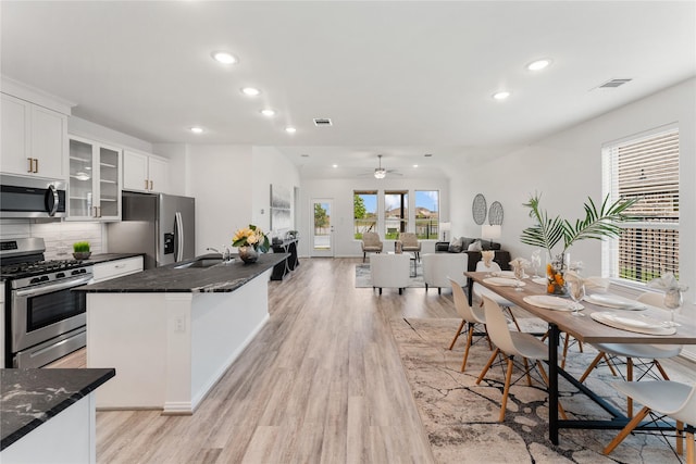 546 Long Beach Bay Dr, Katy, TX 77493 - kitchen featuring ceiling fan, recessed lighting, light wood-style floors, and appliances with stainless steel finishes