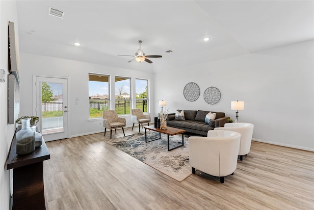 546 Long Beach Bay Dr, Katy, TX 77493 - living area with light wood finished floors, baseboards, visible vents, recessed lighting, and a ceiling fan