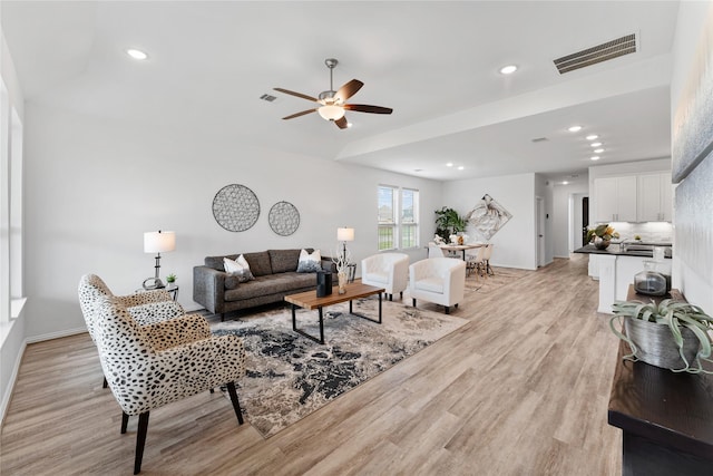 546 Long Beach Bay Dr, Katy, TX 77493 - living room featuring recessed lighting, light wood-type flooring, visible vents, and a ceiling fan