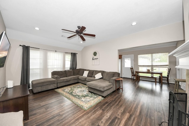3011 Fairchild Ave, Needville, TX 77461 - living area with dark wood finished floors, recessed lighting, a ceiling fan, and plenty of natural light