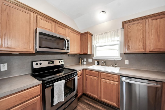 3011 Fairchild Ave, Needville, TX 77461 - kitchen featuring dark wood finished floors, lofted ceiling, light countertops, a sink, and appliances with stainless steel finishes