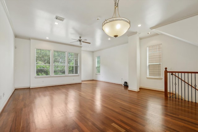 91 Sidney St, Houston, TX 77003 - interior space with wood finished floors, visible vents, ceiling fan, and crown molding