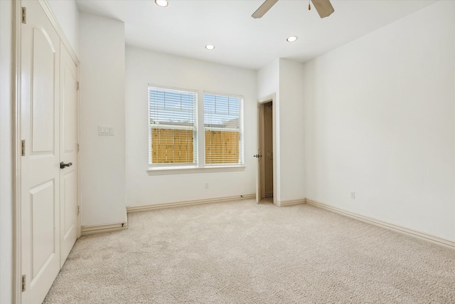 91 Sidney St, Houston, TX 77003 - unfurnished bedroom with recessed lighting, ceiling fan, baseboards, and light carpet