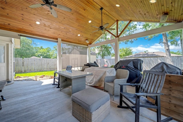 606 Sea Anchor Way, Crosby, TX 77532 - exterior space with a wooden deck, a fenced backyard, a ceiling fan, and outdoor dining space