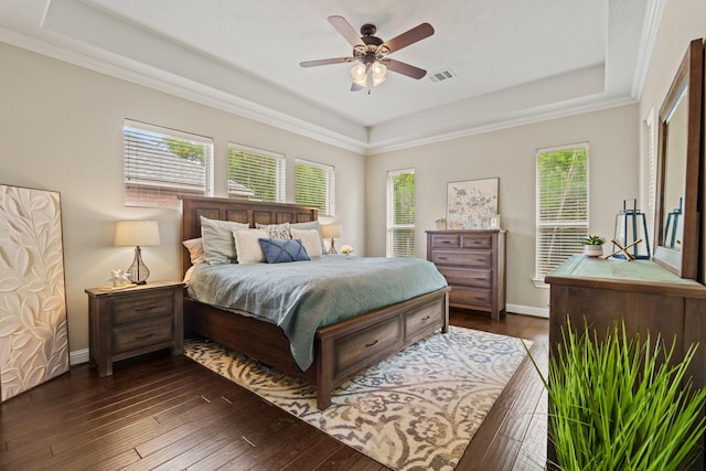 13115 Parkbrook Way Ln, Sugar Land, TX 77498 - bedroom with a tray ceiling, dark wood-type flooring, baseboards, and a ceiling fan