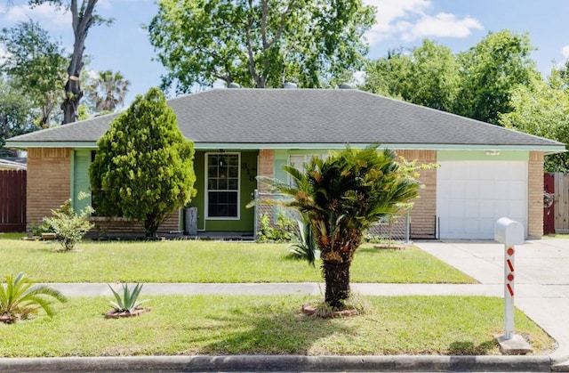 ranch-style home featuring a garage, driveway, a front lawn, and brick siding