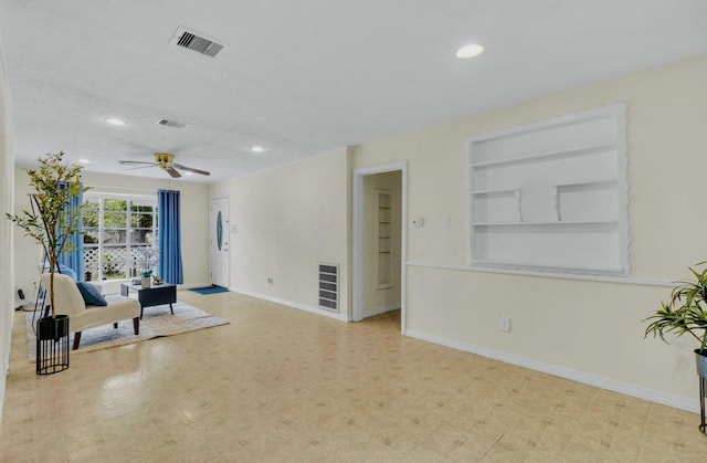 interior space featuring built in shelves, ceiling fan, baseboards, visible vents, and recessed lighting