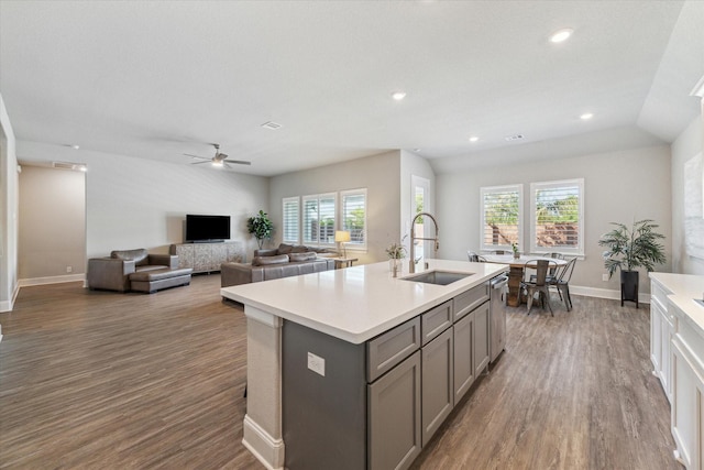 kitchen featuring wood finished floors, gray cabinets, plenty of natural light, and a sink