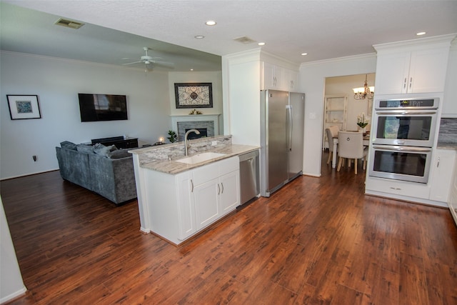 kitchen with a peninsula, a sink, open floor plan, ceiling fan with notable chandelier, and appliances with stainless steel finishes