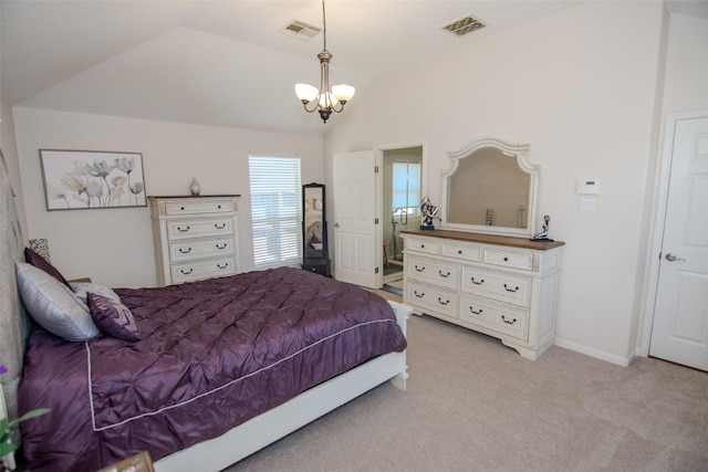 bedroom featuring vaulted ceiling, visible vents, a chandelier, and light colored carpet