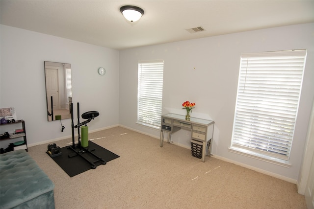 workout area featuring baseboards, carpet floors, visible vents, and plenty of natural light