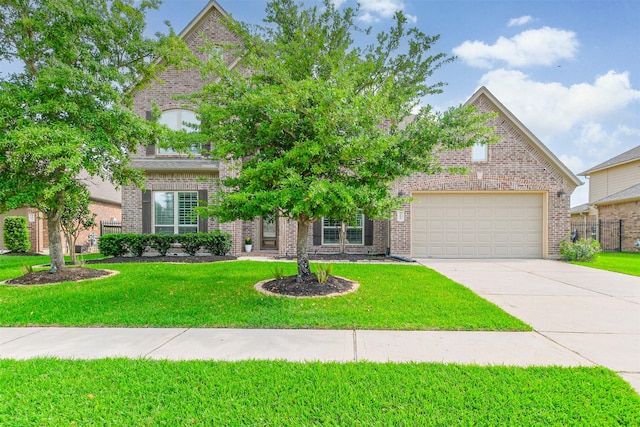 obstructed view of property with concrete driveway, fence, brick siding, a garage, and a front yard