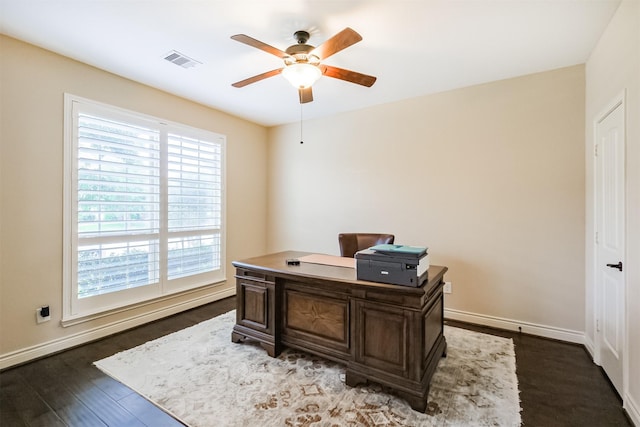 office featuring visible vents, a ceiling fan, baseboards, and dark wood-style flooring