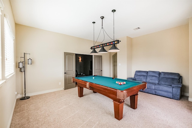 playroom with baseboards, visible vents, pool table, and carpet