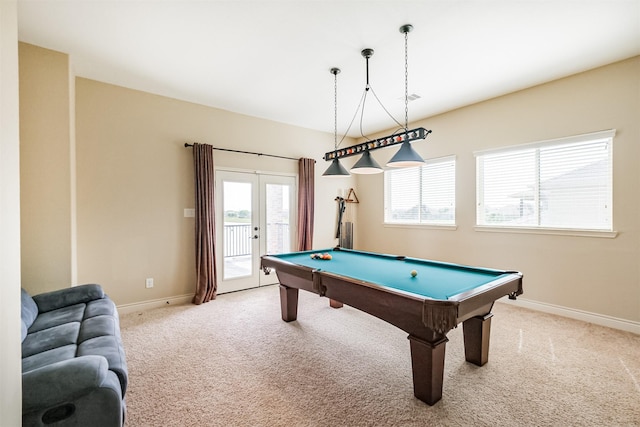 game room featuring baseboards, carpet flooring, french doors, and billiards