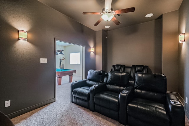 home theater room featuring baseboards, a ceiling fan, carpet flooring, and pool table