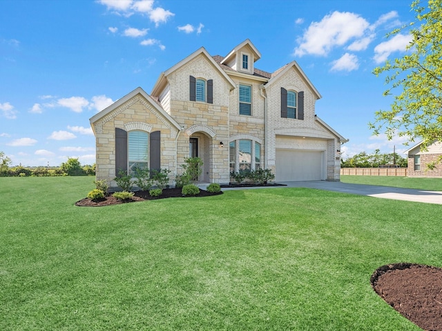 view of front of property featuring a garage, driveway, stone siding, fence, and a front yard