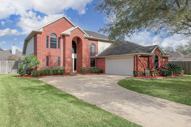3126 Pebble Bay Dr, League City, TX 77573 - traditional-style house featuring brick siding, an attached garage, concrete driveway, and fence