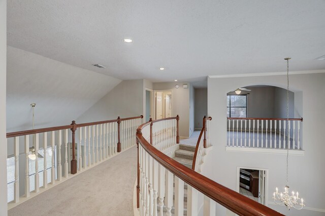 3126 Pebble Bay Dr, League City, TX 77573 - hallway featuring recessed lighting, visible vents, an upstairs landing, arched walkways, and carpet floors