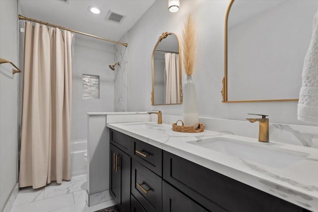 bathroom with shower / tub combo, visible vents, a sink, and marble finish floor