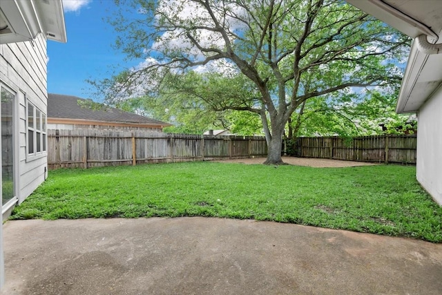 view of yard with a fenced backyard and a patio