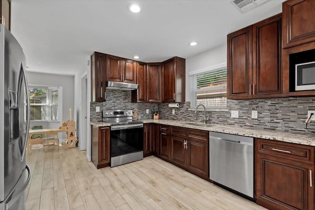 kitchen with a sink, visible vents, backsplash, under cabinet range hood, and appliances with stainless steel finishes