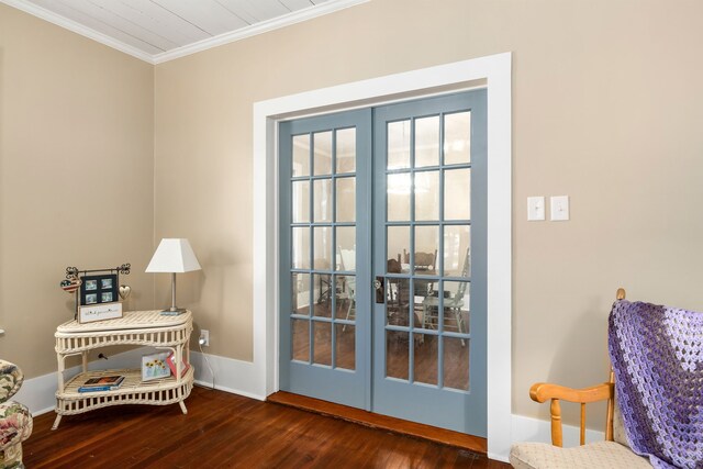 doorway to outside with crown molding, hardwood / wood-style floors, french doors, and baseboards