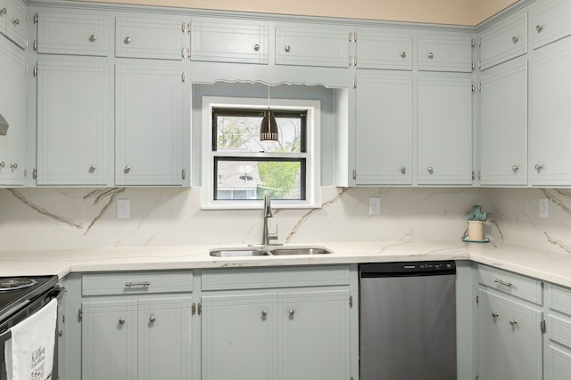 kitchen featuring tasteful backsplash, dishwasher, black range with electric cooktop, and a sink