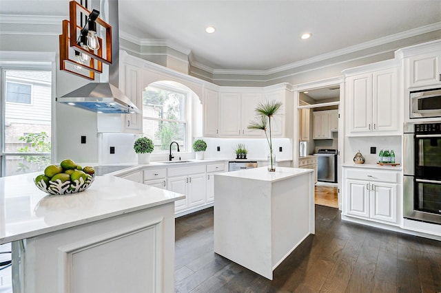 kitchen with a sink, stainless steel appliances, wall chimney exhaust hood, white cabinets, and dark wood finished floors