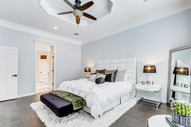 bedroom with wood finished floors, ornamental molding, ensuite bath, recessed lighting, and a ceiling fan