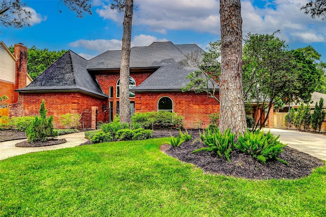 view of front of property with brick siding, roof with shingles, and concrete driveway