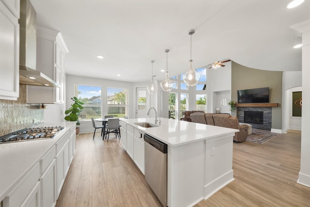 kitchen with a ceiling fan, a sink, light wood finished floors, wall chimney exhaust hood, and appliances with stainless steel finishes