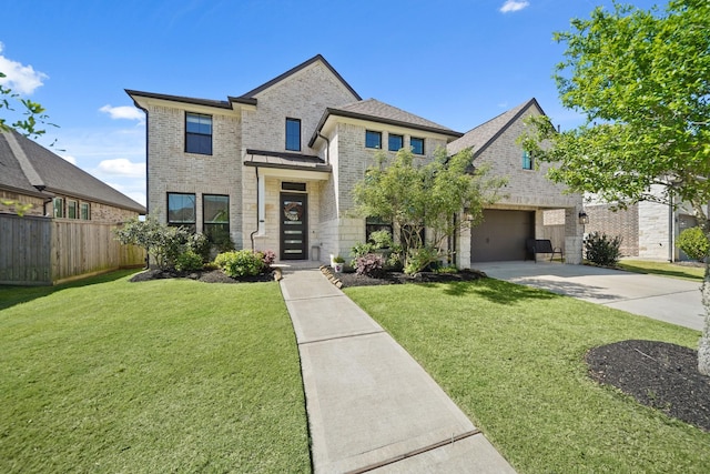 traditional-style house with a front lawn, brick siding, fence, and driveway