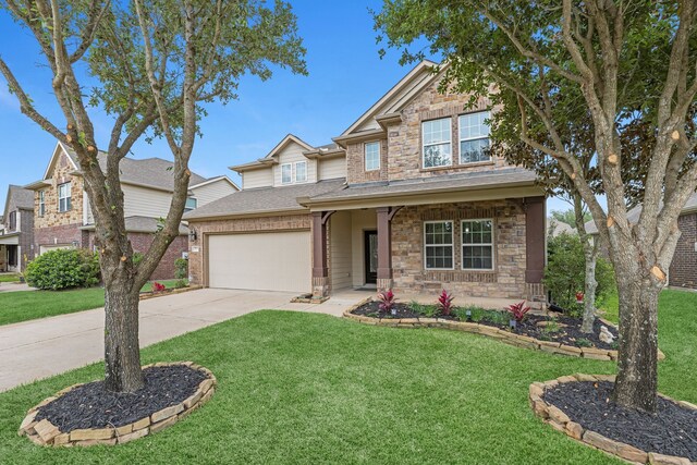 view of front of house featuring stone siding, concrete driveway, and a front yard