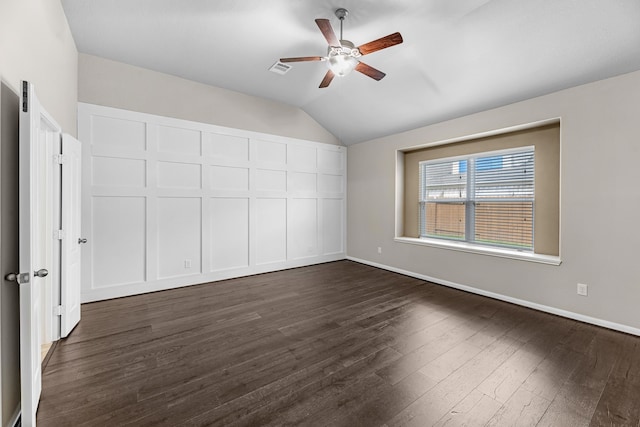 9974 Stone Creek Ln, Brookshire, TX 77423 - unfurnished bedroom featuring lofted ceiling, dark wood finished floors, baseboards, and ceiling fan