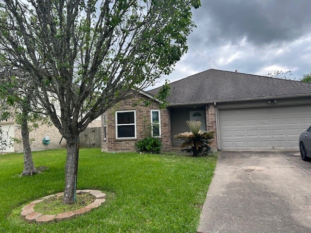 ranch-style house featuring brick siding, concrete driveway, a front lawn, and an attached garage