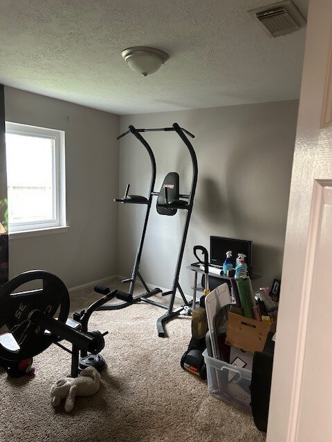 exercise room featuring carpet flooring and a textured ceiling