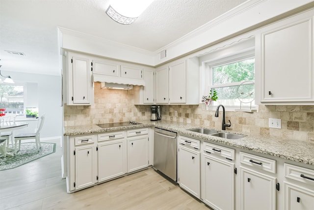 kitchen featuring stainless steel dishwasher, a sink, decorative backsplash, black electric stovetop, and visible vents