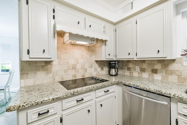 kitchen featuring white cabinets, black electric cooktop, visible vents, dishwasher, and under cabinet range hood