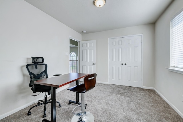 carpeted home office featuring plenty of natural light and baseboards