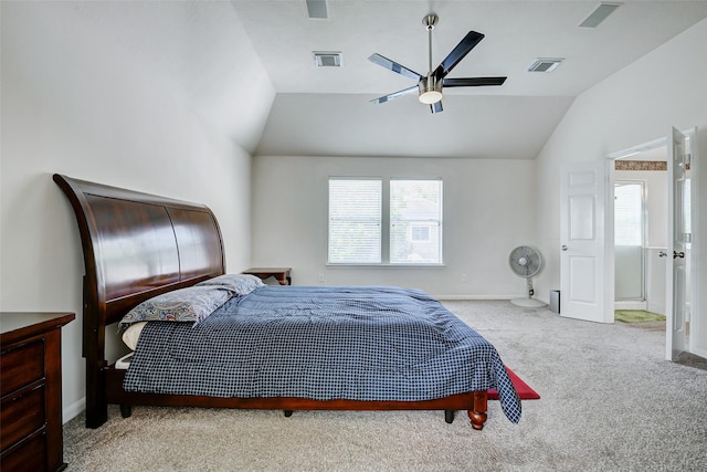 bedroom featuring carpet, multiple windows, vaulted ceiling, ceiling fan, and baseboards