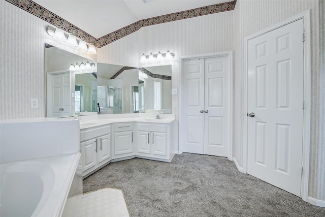full bath with wallpapered walls, carpet floors, a garden tub, double vanity, and an enclosed shower