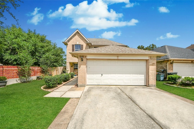traditional-style home featuring concrete driveway, brick siding, fence, and a front yard