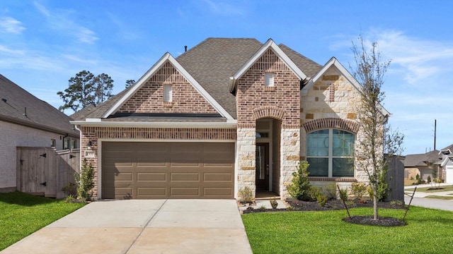 french provincial home with a front lawn, an attached garage, driveway, stone siding, and brick siding