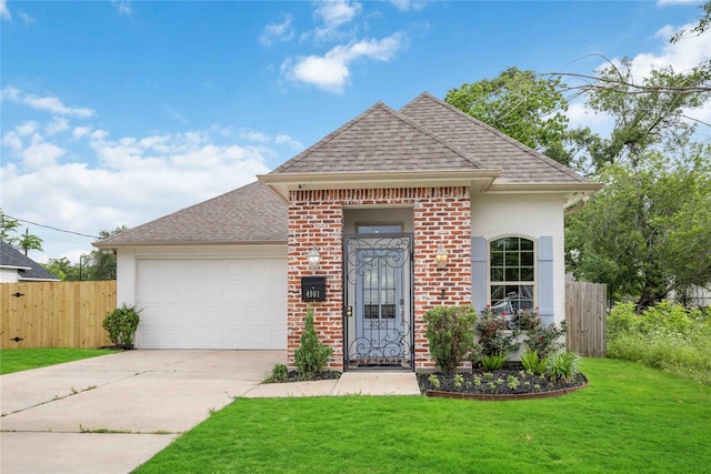 view of front facade with a garage, fence, a front lawn, concrete driveway, and a shingled roof