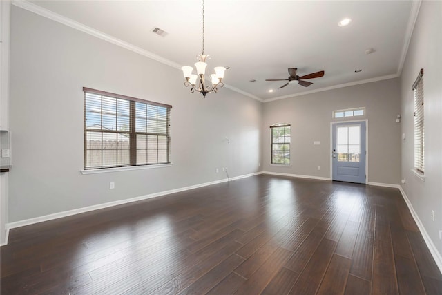 unfurnished room featuring visible vents, baseboards, recessed lighting, dark wood-type flooring, and ceiling fan with notable chandelier