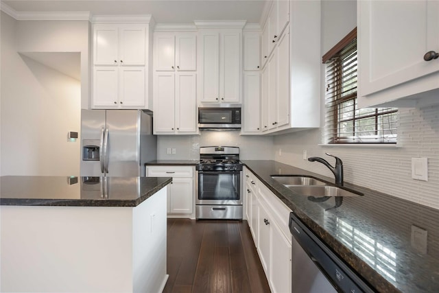 kitchen featuring backsplash, a sink, white cabinets, dark wood-style floors, and stainless steel appliances