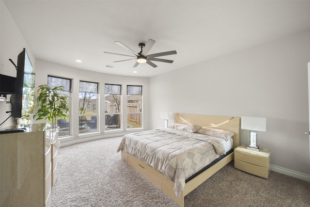 bedroom featuring visible vents, carpet, recessed lighting, and ceiling fan