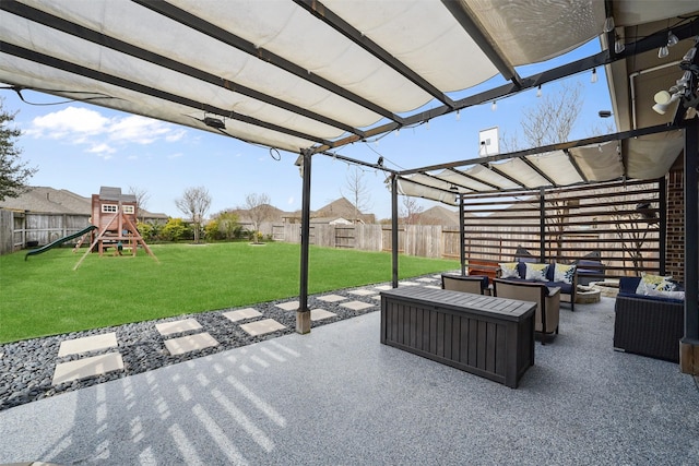 view of patio with a fenced backyard, outdoor lounge area, a playground, and a pergola