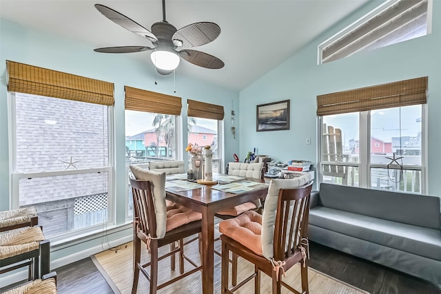 23001 Fresca St, Galveston, TX 77554 - dining room featuring lofted ceiling, ceiling fan, and wood finished floors